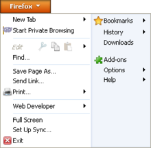 Screenshot of expanded Firefox button on Mozilla Firefox 4.0