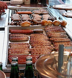 A range of Bratwurst grilled sausages at the main market in Nuremberg