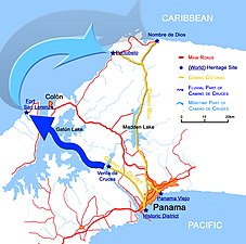 Localisation des routes coloniales au Panama.