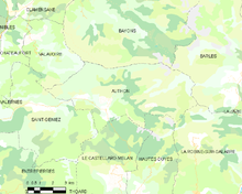 Carte élémentaire montrant les limites de la commune, les communes voisines, les zones de végétation et les routes