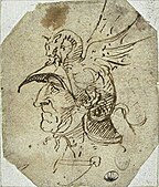 Sketch of a head in a parade helmet, Michelangelo, c. 1500