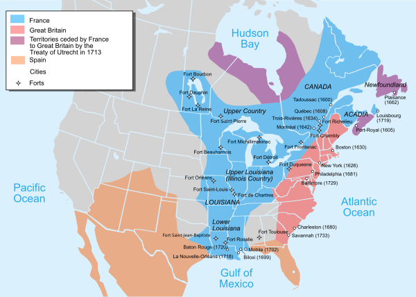 Map of French and British North American possessions in the early 18th century. After ceding Hudson's Bay to the British in the Treaty of Utrecht, France built forts such as Fort Michilimackinac to protect the New France fur trade from the British Hudson's Bay Company.
