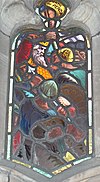 A stained glass window showing the death of Penda of Mercia