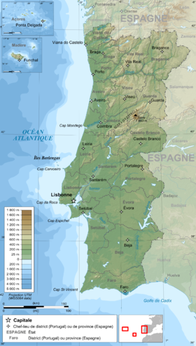 Carte topographique du Portugal avec la serra da Estrela au centre