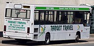 Target Travel high-floor Dennis Dart with Plaxton Pointer 1 bodywork rear in Plymouth in July 2010 (before improvements)