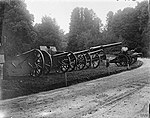 German artillery captured during the Battle of the Somme. The tall gun in the center without wheels is either a C/79 or C/80.