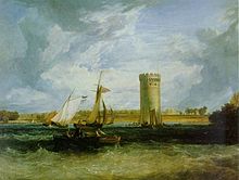 A painting of a lake with choppy waves, a sailing boat and a tall round tower