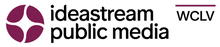 The Ideastream symbol, a circle divided into four pieces by a star shape, in burgundy. To the right, on two lines, the words "ideastream" and "public media" in black in a rounded sans serif. Next to that, in the upper right, black letters W C L V with a burgundy line above them.