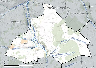 Carte en couleur présentant le réseau hydrographique de la commune