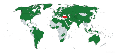 A world map with Turkey in red and countries who congratulated Erdoğan on his re-election in green