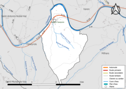 Carte en couleur présentant le réseau hydrographique de la commune