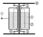 Achsmotorantrieb der LE-1 1) Ständer des Fahrmotors 2) Läufer des Fahrmotors auf Hohlwelle 3) Lagerung des Fahrmotors (Gehäuse) auf der Hohlwelle im 4) Hohlwelle 5) Elastisches Element zur Lagerung und Drehverbindung der Hohlwelle am bzw. mit dem Radsatz 6) Radsatz 7) Drehmomentstütze