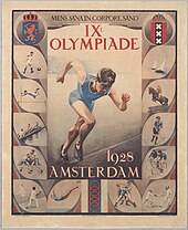 Upright rectangular image depicting a male athlete sprinting, surrounded by twelve smaller images each depicting a different Olympic sport, with large writing in the Dutch language at the top between the coats of arms for the Netherlands and Amsterdam