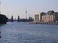 The Osthafen (east harbour) at the Spree between Friedrichshain and Kreuzberg. In the background the Oberbaumbrücke and the Fernsehturm.