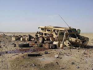 Force Protection's Cougar hit by an Improvised explosive device (IED) in Iraq; all crew survived.