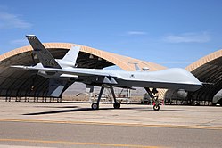 A MQ-9 Reaper Unmanned Aerial Vehicle taxis at Creech Air Force Base during 2007.