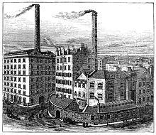 Lithographie. Paysage industriel d'usines et de cheminées