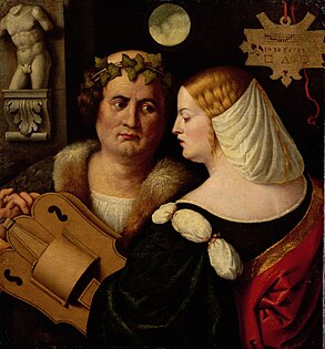 Poet playing the hurdy-gurdy with young woman, 1520