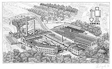 Company headquarters of Idealspaten-Bredt GmbH & Co. KG, pen and ink drawing in black and white, created around 1970