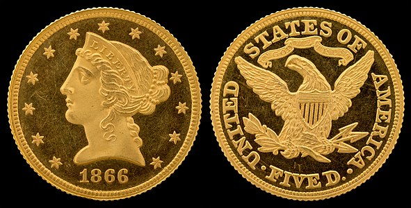 Liberty Head half eagle, with motto, by Christian Gobrecht and the United States Mint
