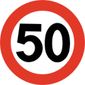 Speed limit of 50 km/h. The standard speed limit for densely populated areas is 50. This is always signposted with this sign, in opposite to many European countries where a sign with the name of the densely populated area itself indicates 50.