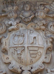 Coat of arms of Jan Daniłowicz. Sas, Topór, Herburt and Korczak (from his mother Katarzyna Tarło h. Topór, and his grandmothers Katarzyna Odnowska h. Herburt, and Regina Malczycka h. Korczak) coats of arms in Olesko castle main gate.
