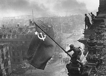 Raising a Flag over the Reichstag, by Yevgeny Khaldei (restored by Adam Cuerden)