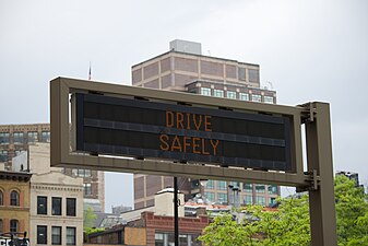 A dual row matrix LED sign in Manhattan reminding motorists to drive safely.