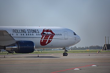 The logo on the Rolling Stones Boeing 767 airplane at Amsterdam Airport Schiphol, the Netherlands