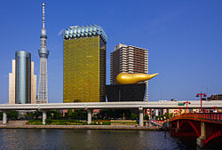 From left: Sumida City Office, Tokyo Skytree, and Asahi Breweries headquarters with the golden Asahi Flame
