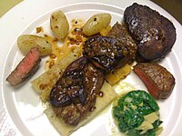 Tournedos Rossini is a French steak dish, purportedly created for the composer Gioachino Rossini by French master chef Marie-Antoine Carême[2] or by Savoy Hotel chef Auguste Escoffier.[3]