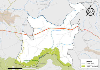 Carte de la ZNIEFF de type 2 de la commune.