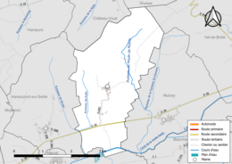 Carte en couleur présentant le réseau hydrographique de la commune