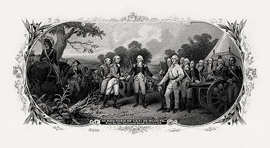 Surrender of General Burgoyne at Art and engraving on United States banknotes, by John Trumbull and Frederick Girsch (restored by Godot13)