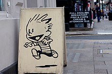 "Calvin runs through the streets of London" temporary illustration in Barking, London