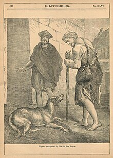 Argus, at bottom left, wags his tail at Odysseus, in disguise as a beggar, who looks down at him. Eumaeus, dressed similarly to Odysseus, beckons him onwards.