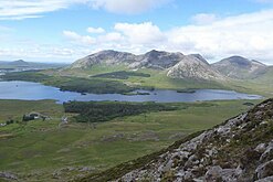 Lough Inagh from slopes of Letterbreckaun, with Derryclare (l), Bencorr (c), and Benbaun (r)