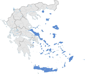 Carte de localisation des îles Égéennes grecques (en bleu) ; les îles turques sont manquantes.