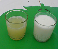 Serous exudate from bovine udder in E. coli mastitis[55] at left. Normal milk at right.