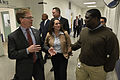 John Walsh (left) and Lisa Posthumus Lyons (middle) speak with JaHaun McKinley (right) of Cascade Engineering.