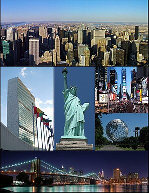 מלמעלה בכיוון השעון: מנהטן, כיכר טיימס, יוניספרה, גשר ברוקלין, מטה האומות המאוחדות, פסל החירות
