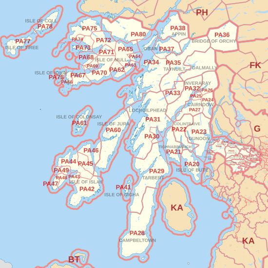 PA postcode area map, showing postcode districts, post towns and neighbouring postcode areas.