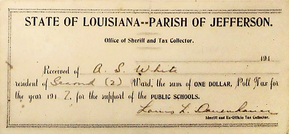 A poll tax is an optional local tax. A person had to pay it to be allowed to vote. The poll tax was designed to discourage certain people from voting, such as married women without separate bank accounts.[39] As late as 1940, eight Southern states made payment of poll taxes a requirement for voting.[40] This form of disenfranchisement was legal, in part because for decades after Reconstruction, the U.S. Supreme Court "closed its eyes to the use of the white primary, literacy tests, the poll tax, and other devices to deny black citizens the vote."[41] Poll taxes were prohibited in 1964 by the Twenty-fourth Amendment to the United States Constitution