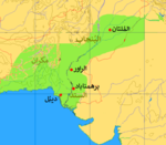 خريطة تُصوِّرُ أقصى ما بلغته الفُتُوحات الإسلاميَّة بِقيادة مُحمَّد بن القاسم في شمال غرب الهند حوالي سنة 711م