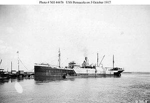 At the Charleston, South Carolina, Navy Yard on 3 October 1917, five days before her commissioning. Formerly the German Nicaria, seized by the United States in April 1917, Pensacola was designated AK-7 in 1920.