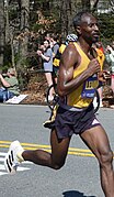 Sisay Lemma, elite men's winner, near the halfway point of the race