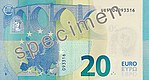 Verso of 20 euro banknote (series ES2) with holographic foil over the window (upper left side)