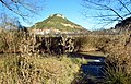 Paisaje rural en Ademuz (Valencia), lugar donde el río Bohígues vierte sus aguas al Turia, con el Pico Castro (897 m) al fondo (2021).