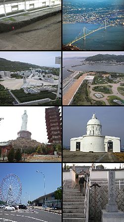 Top left:Nojima Fault, Top right:Akashi Strait Bridge and side of Honshu, 2nd left:Awaji Dream Stage theme park, 2nd right:Onokoro Theme Park, 3rd left:Peace Statue in Awaji Kannon Temple, 3rd right:Esaki Lighthouse, Bottom left:View of Ferriwheel in Awaji rest-house, Bottom right:Entrance in Honbuku Temple