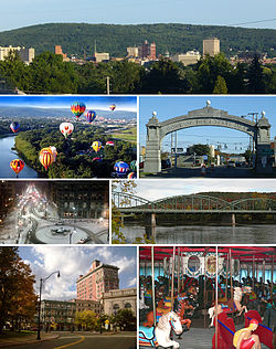 Clockwise from top: Downtown Binghamton skyline, the Endicott Johnson Square Deal Arch, the South Washington Street Bridge, the Ross Park Zoo carousel, Court Street Historic District, downtown in winter, and the Spiedie Fest and Balloon Rally